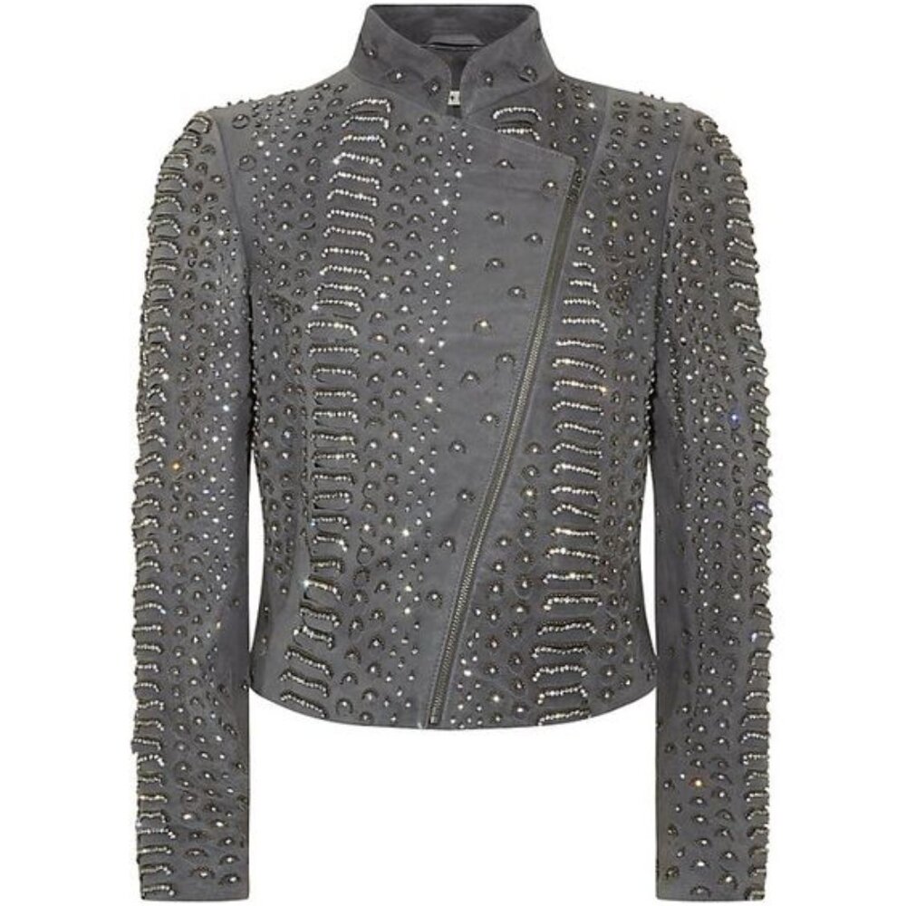 Alice + Olivia Jace Gray Leather Studded Jacket, Size Small, Retail $1595
